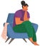 Young unhappy woman dressed in casual clothes sitting in chair. Female sad character at home