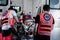 Young victim of the accident lies on a stretcher in an ambulance