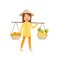 Young Vietnamese girl carrying baskets with fruits on pole. Woman in conical hat. Flat vector design