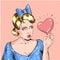 Young vintage blond woman with bow portrait catching floating shiny heart hand drawn vector illustration