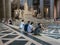 Young visitors sit on interior Pantheon steps in Paris