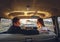 Young wedding couple sitting smiling inside retro car and looking at each other. just married embrace is hugging inside car. bride