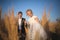 Young wedding smartly dressed couple goes on a field with high e