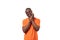 young well-groomed slender African guy dressed in an orange t-shirt with a mockup on a white background with copy space