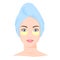 Young white woman with eye patches and towel on head. Skincare procedures at home. Cosmetic eye pads. Vector