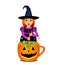 A young witch cooks a magic potion in a pumpkin pot.