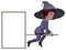 Young witch riding an empty sign on white background