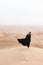 Young woman in Abaya posing in desert landscape.