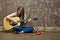 Young woman acoustic guitar play.