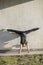 Young woman acrobat on handstand performs twine against the wall outdoors