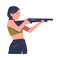 Young woman aiming at target with rifle. Woman athlete shooter holding gun and training in tactical shooting cartoon