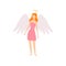 Young Woman in Angel Costume with Wings and Halo, Masquerade Ball, Carnival Party Design Element Vector Illustration