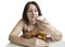 Young woman with armful of flour food product