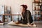 Young woman artist sitting on a floor of an art studio