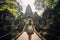 Young woman with backpack standing in front of ancient temple in Bali, Indonesia, Tourist woman with backpack at vacation walking