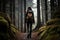 A young woman with a backpack is walking through a mysterious forest, forest and mature woman on hiking journey, AI Generated