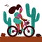 Young woman with a backpack and wearing a helmet rides a mountain bike alonf big cactuses. Isolated white background cartoon