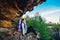 Young woman backpacker enjoy the view at mountain peak