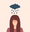 Young woman in a bad mood under the rain. Depression concept. Flat vector illustration