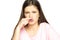 Young woman with bad smell gesture