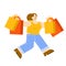Young woman with bags. Female trendy character run. Girl walks with a package