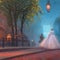 Young woman in ball gown on a street at a misty sunset