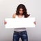 Young woman with baner