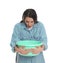 Young woman with basin suffering from nausea on white background. Food poisoning