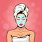young woman in bath towel with cosmetic mask on her face. Pop art vector illustration