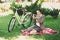 Young woman with bicycle at the picnic in the park