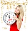 Young woman with big clock and party decoration. partytime 2015