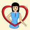 Young woman and a big red heart with mindfulness and love. Smiling female character.