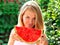 Young Woman with big slice Watermelon Berry fresh in hands Beautiful Smiling Face