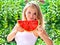 Young Woman with big slice Watermelon Berry fresh in hands Smiling Face