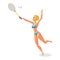 Young woman in a bikini plays badminton on the beach