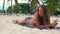 Young woman in bikini sunbathing on summer beach on luxury villa background. Beautiful woman sun tanning on beach towel.