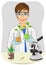 Young woman biologist in white coat holding two flasks with plants next to microscope in laboratory