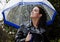 Young woman in black raincoat