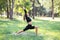 Young woman in black sportswear practicing yoga doing virabhadrasana exercise, warrior pose, exercising in the park