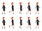 Young woman in black suit walking sequence. Vector illustration of moving cartoon character person.