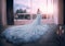 Young woman blonde fantasy princess Cinderella in glamorous blue dress stands in white room huge window. Long skirt