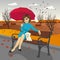 Young woman in blue autumn coat holding red umbrella sitting on a bench