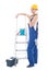 Young woman in blue coveralls with builder\'s tools and ladder is