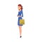 Young Woman in Blue Dress Standing with Shopping Bag, Girl Spending Time in Expectation Cartoon Vector Illustration