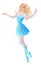 Young woman in blue winter fairy snow maiden costume flying and presenting