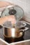 Young woman boiling something in pot