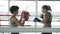 Young woman boxer practising moves with female trainer exercising in ring together