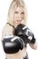 Young woman in boxing gloves. Decisiveness and courage. Isolated over white background.