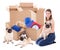 Young woman with brown cardboard boxes and pug dogs isolated on