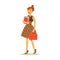 Young woman in brown dress standing and holding books and red bag in her hands. Student lifestyle colorful character